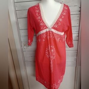 Just Be Gauze Lagaci Swim Suit Cover Up/Tunic Coral Large Embroidered Coastal
